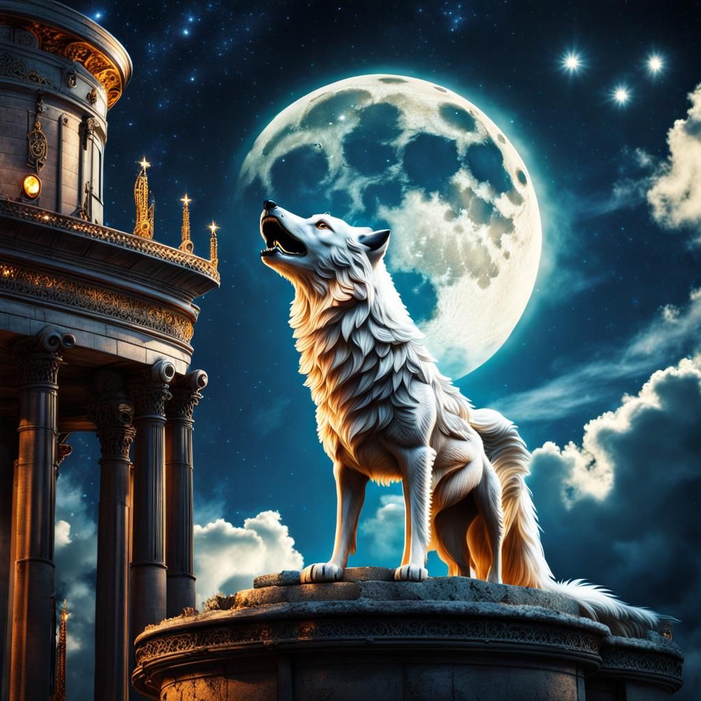 Steampunk Wolf Under Starry Sky With Roman Architecture