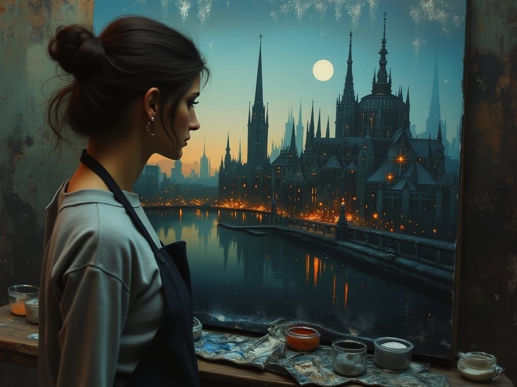Artist Paints Mystical Cityscape in Oil Style