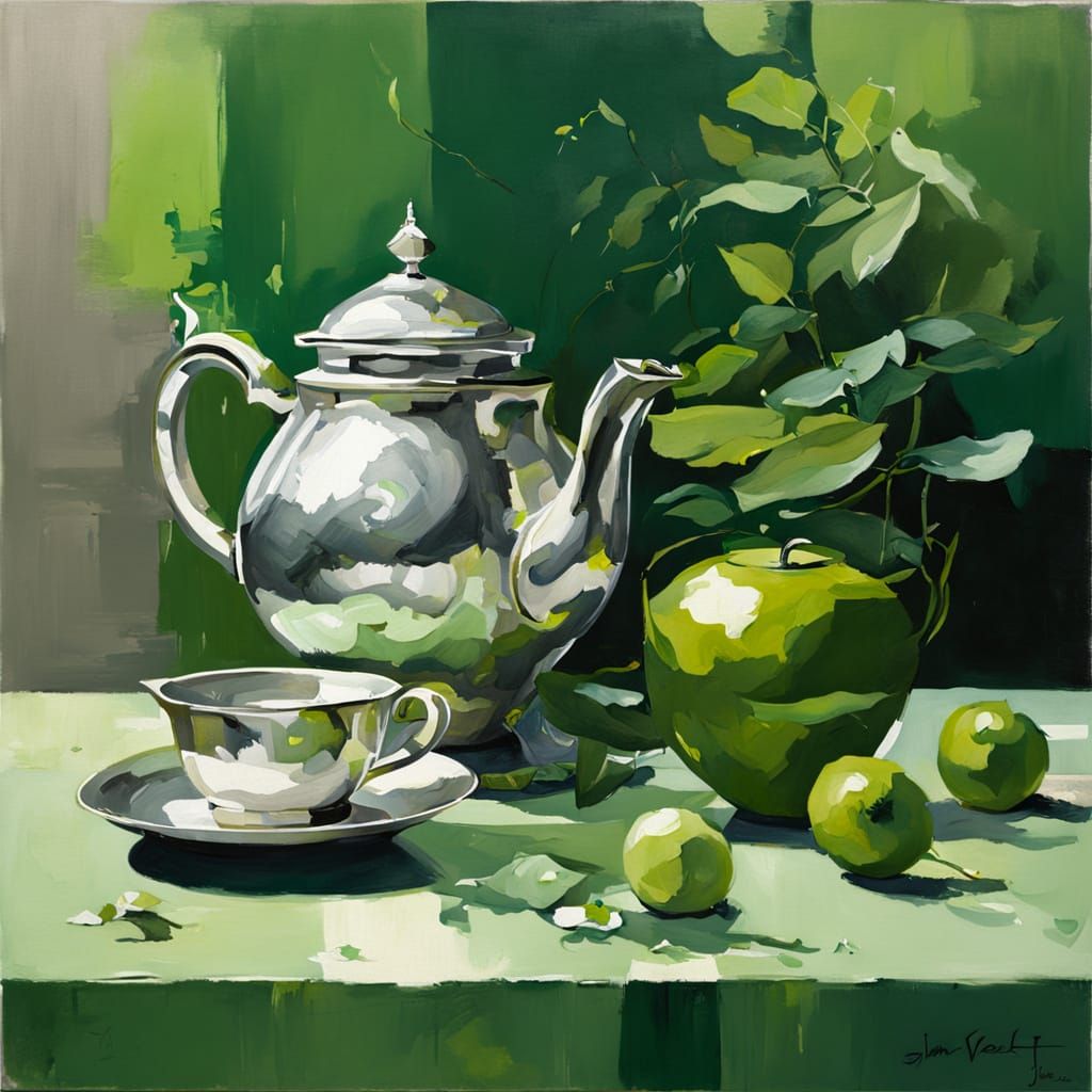 Modern Silver Teapot Still Life in Green Salon