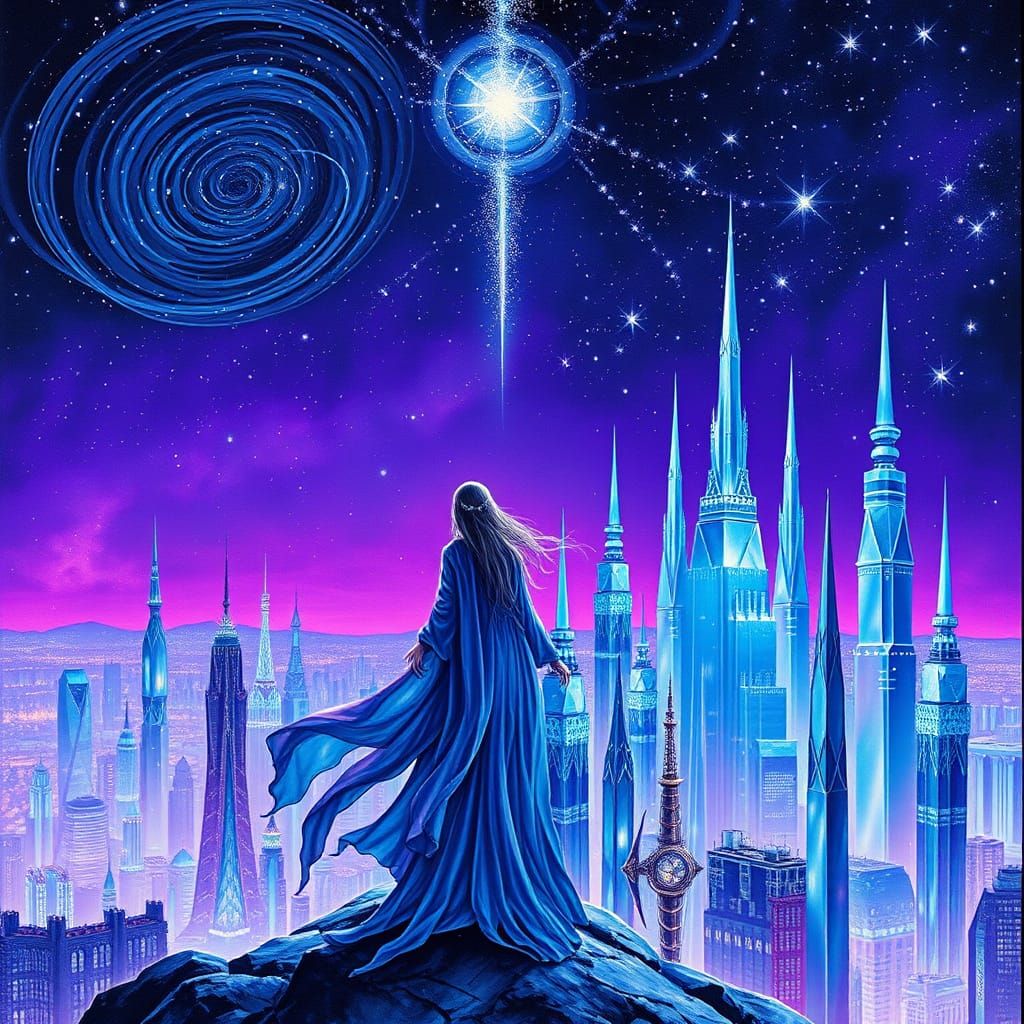 Celestial Cityscape in Luminous Blue Glass