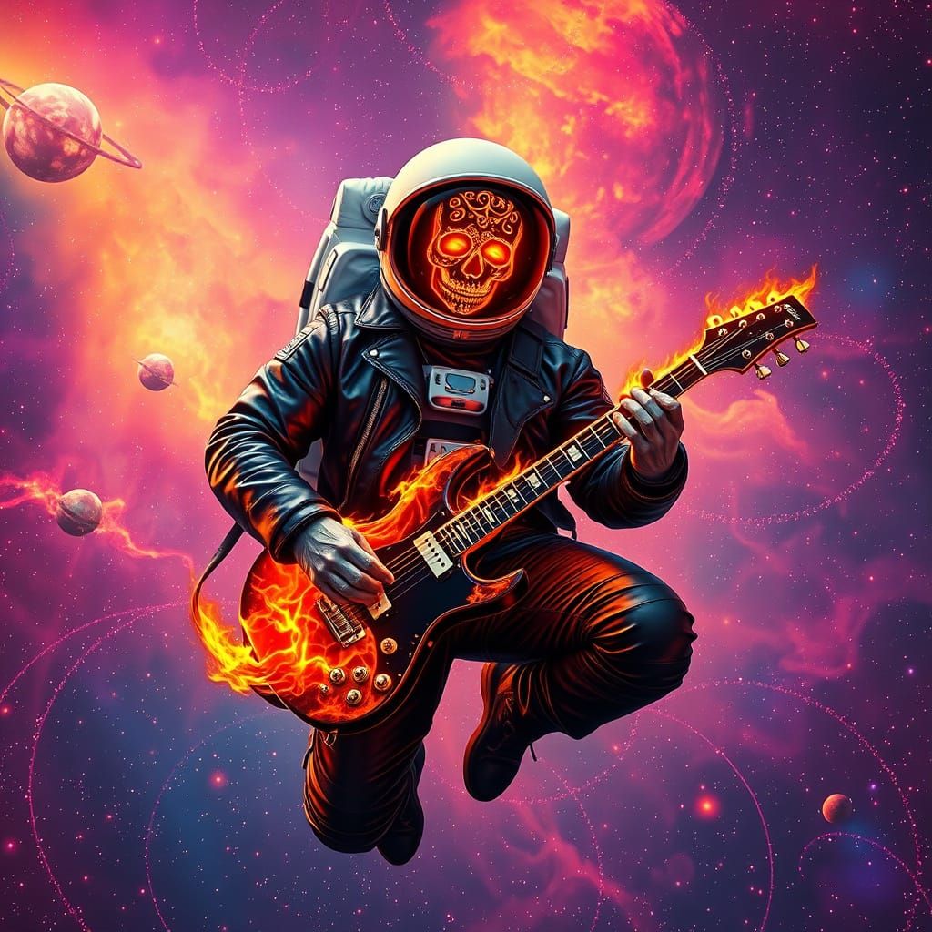 Astronaut Sugar Skull Shredding Guitar in Cosmos