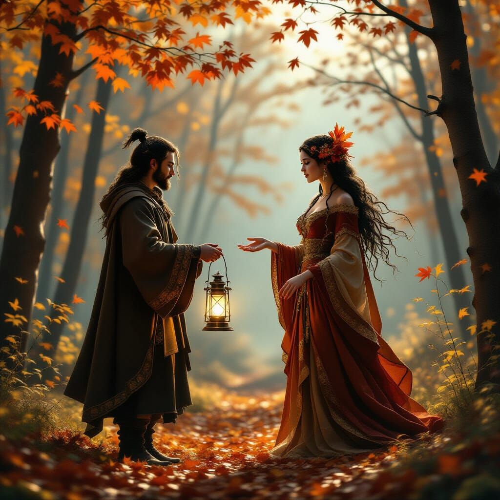 Scholar Aids Fading Autumn Goddess in Ethereal Forest