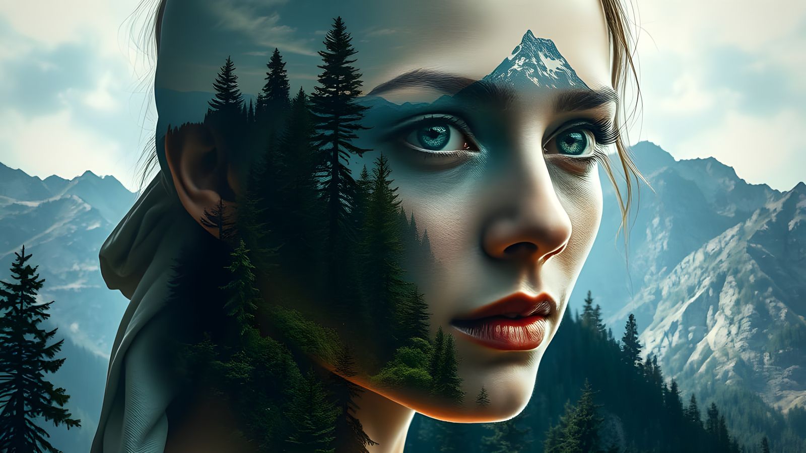 Serene Portrait of a Woman Amidst a Lush Forest and Majestic...