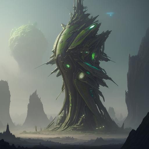 Green Spaceship Blasts Off: Detailed Matte Painting