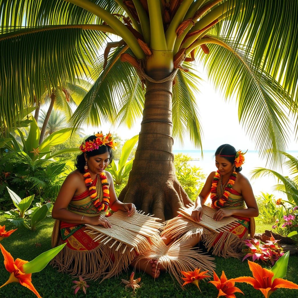 Tongan Tribal Women Weave Mats Under a Coconut Tree in a Pac...
