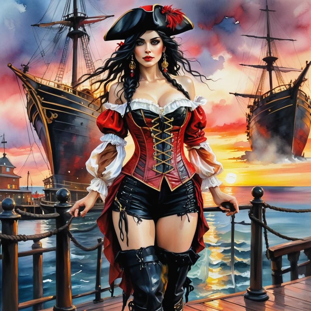 "a stunning pirate, disheveled black hair with a braid, stan...