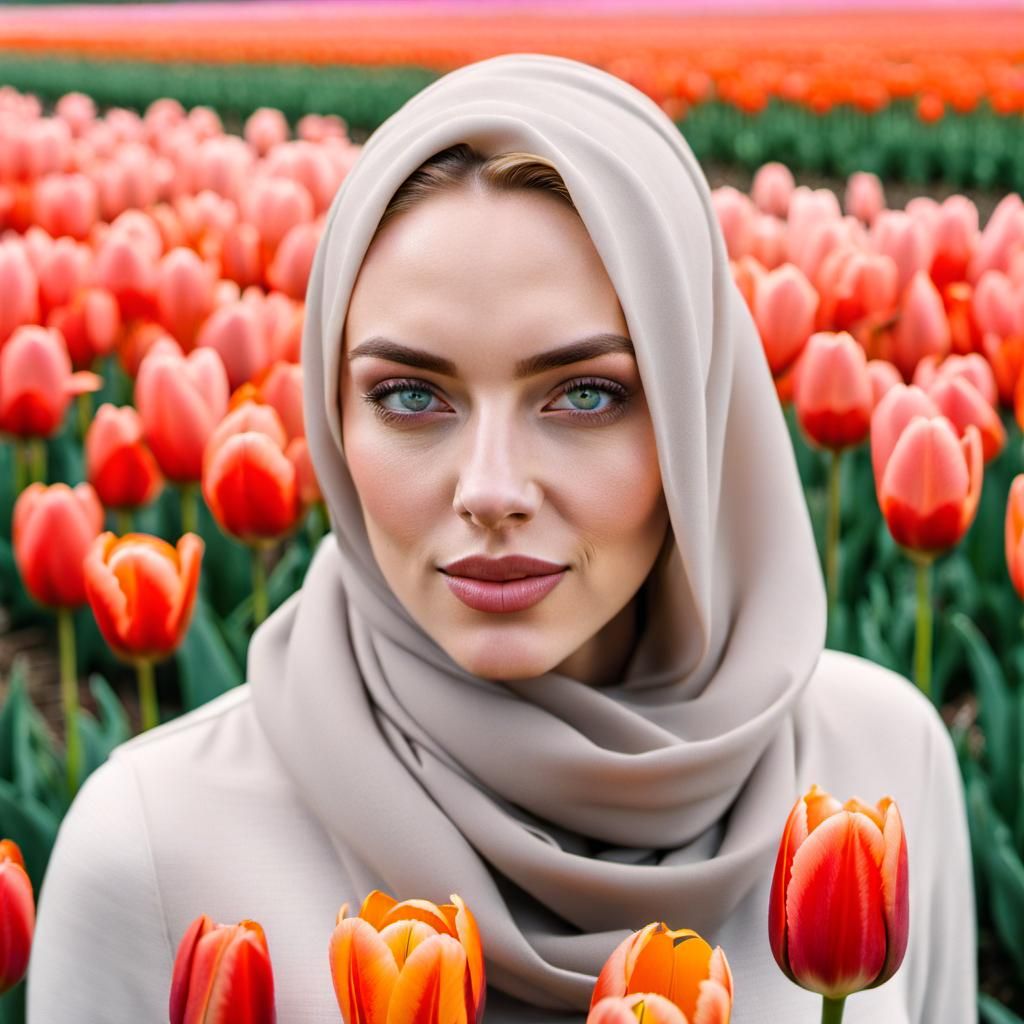Dutch Girl in Tulip Field with Oyster Grey Hijab