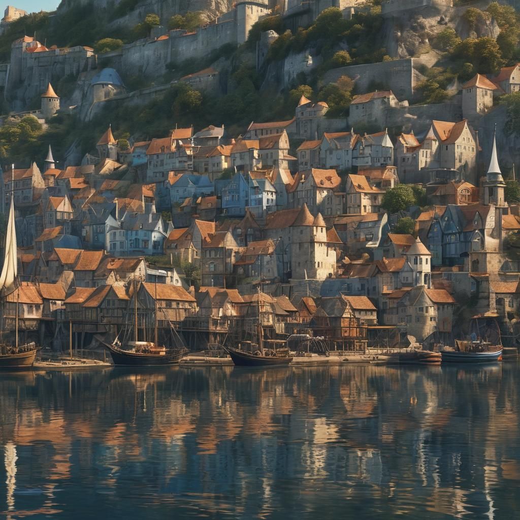 Medieval Seaside Town with Castle: Fantasy Matte Painting