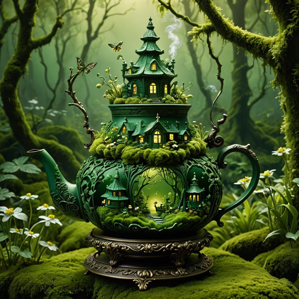 Green Fantasy World Inside a Teapot
