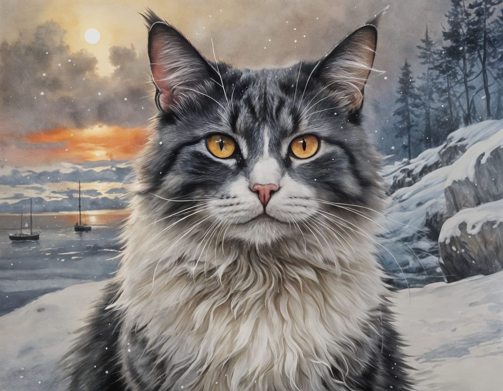 Alert Cat in Winter Landscape: Chiaroscuro Watercolour Portr...