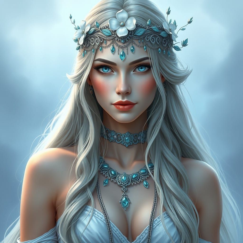 Regal Woman in Ethereal Attire, Wearing Intricate Headpiece...