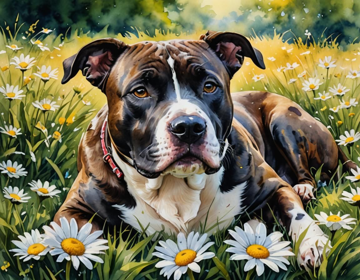Brindle Pitbull in Impressionistic Watercolor Landscape