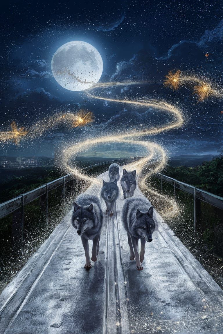Wolves Stroll on Silver Moonlit Path: Digital Painting
