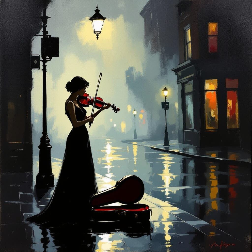 Violinist on Rainy Street Corner in Film Noir Style