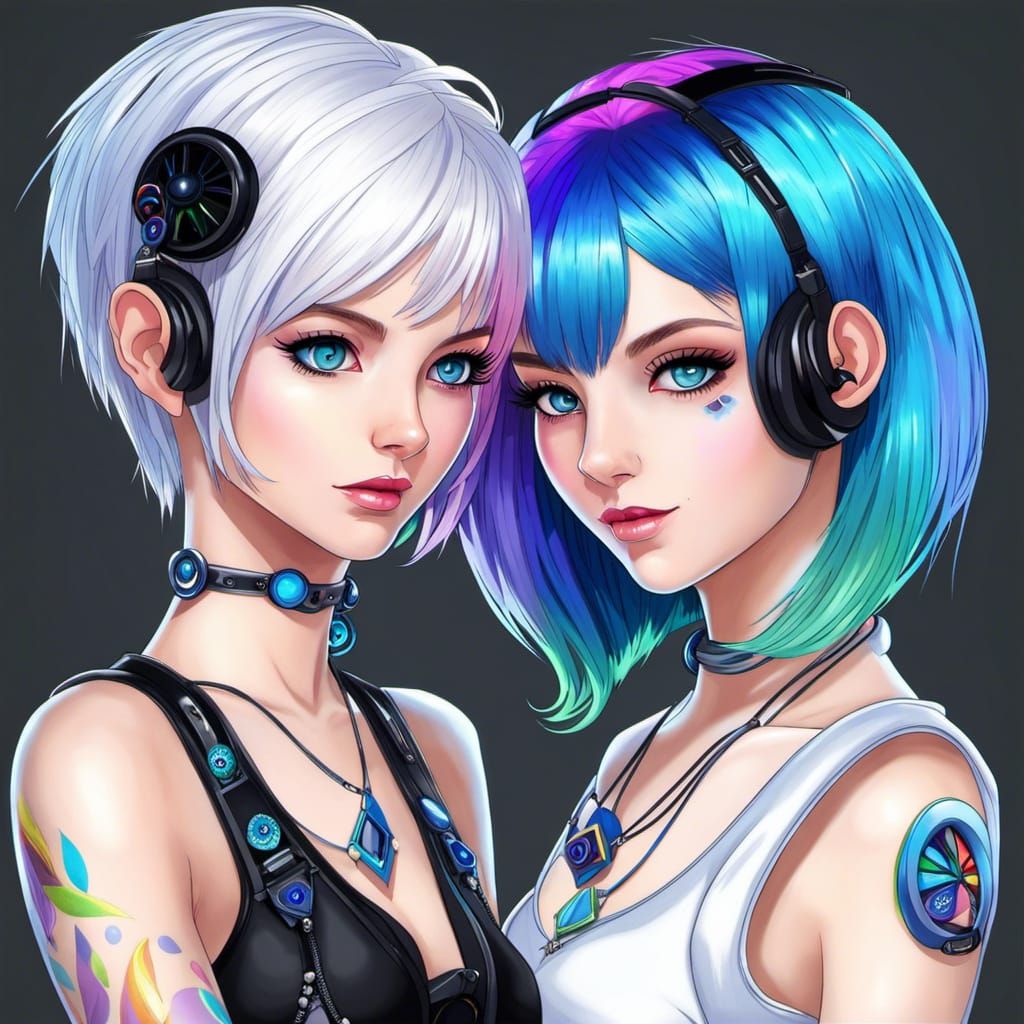 Raver Goth Women with Rainbow Eyes in Anime Style