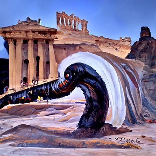 Giant Sandworm Devouring Athens: Oil Painting