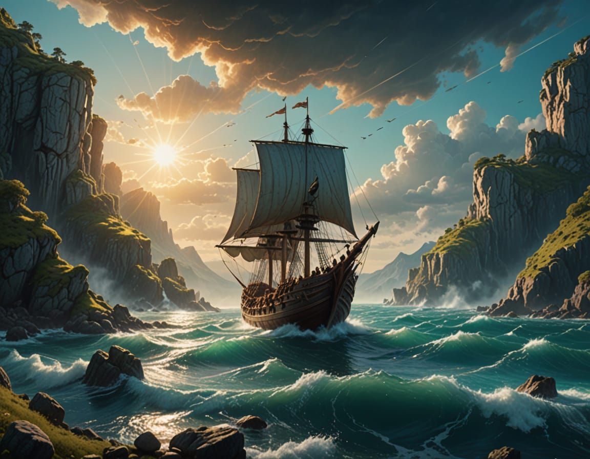 Viking Ship Navigates Ancient Greek Ruins in Cinematic Oil P...