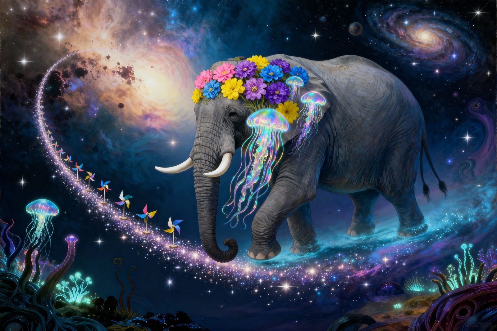 Cosmic Elephant in Bioluminescent Garden