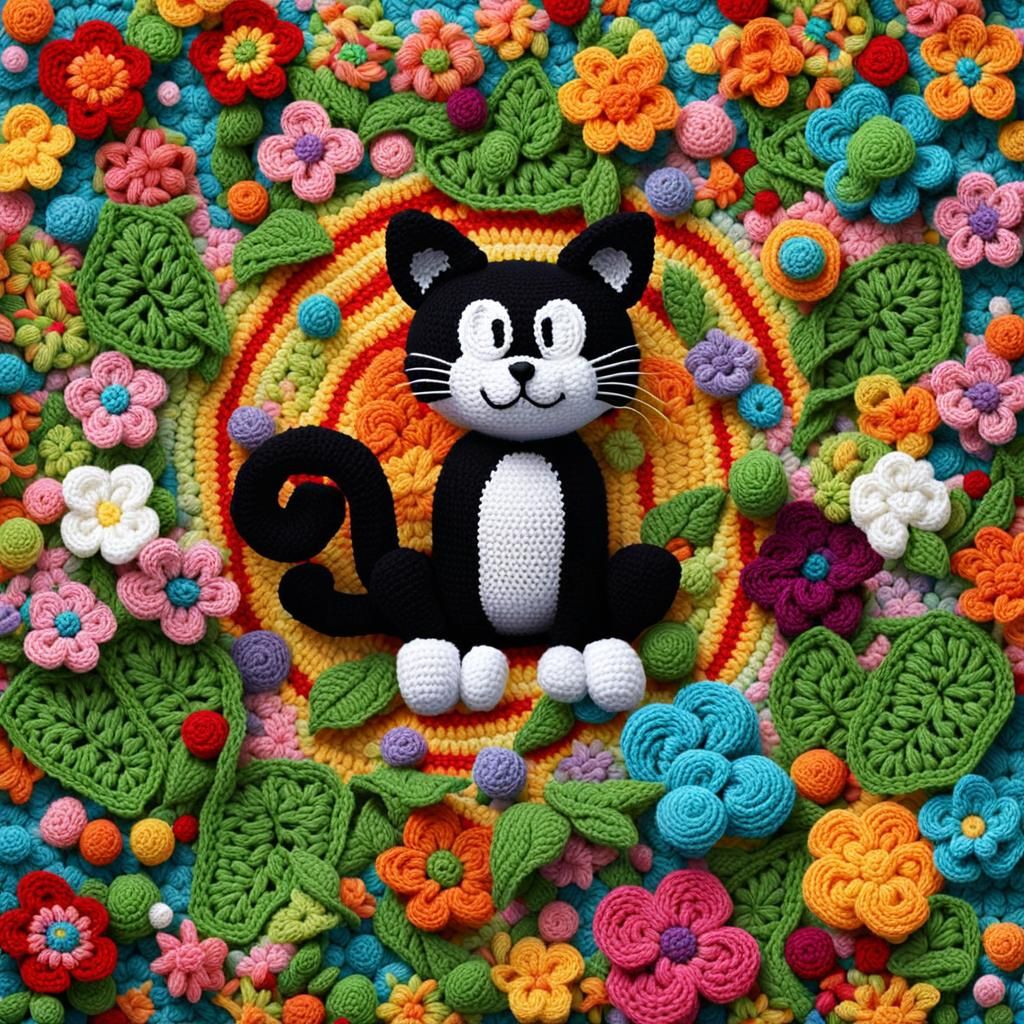 Crocheted Felix the Cat in Candy Art Style