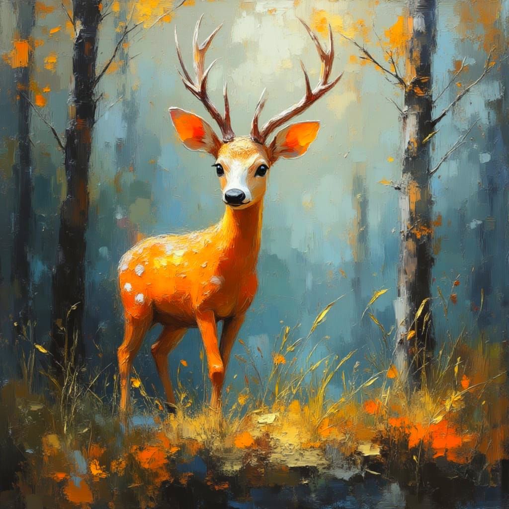 Fawn in Ethereal Forest with Abstract Shapes