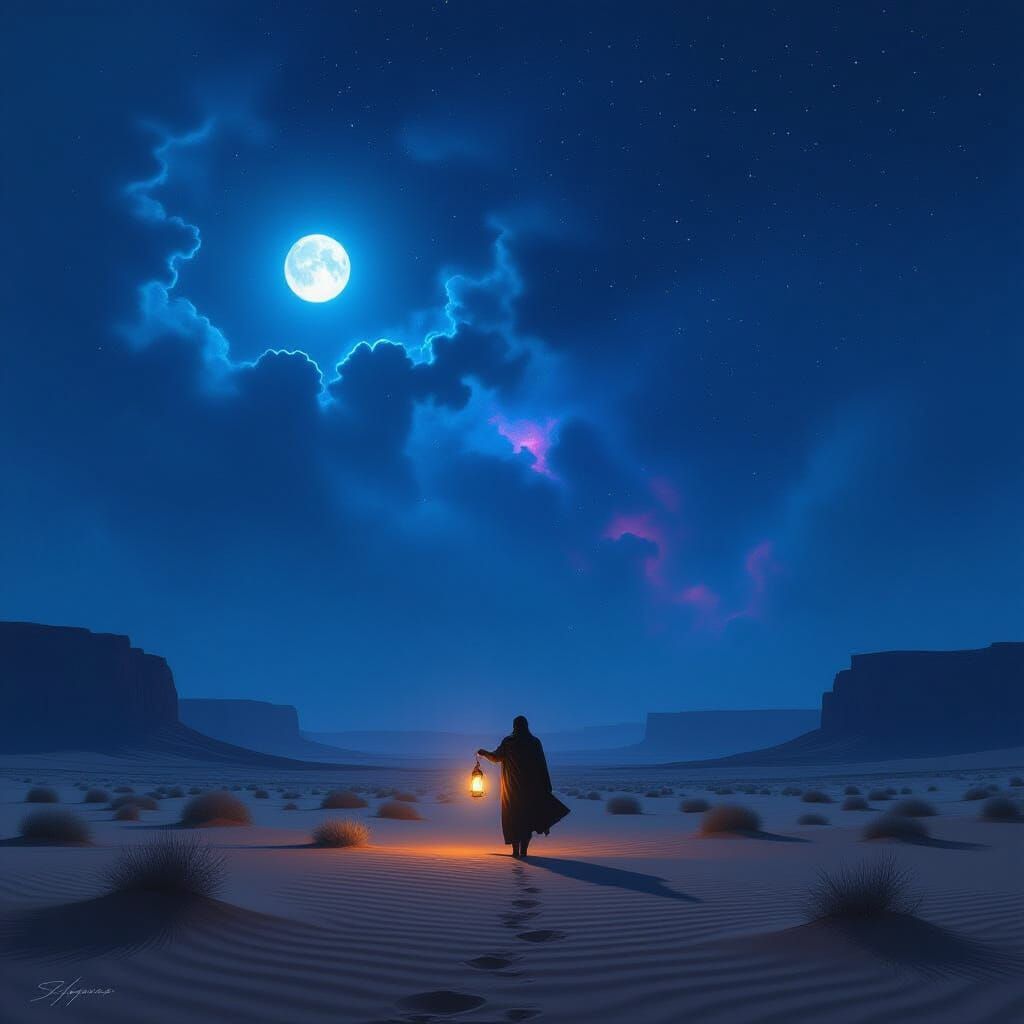 Lone Figure with Lantern in Moonlit Desert