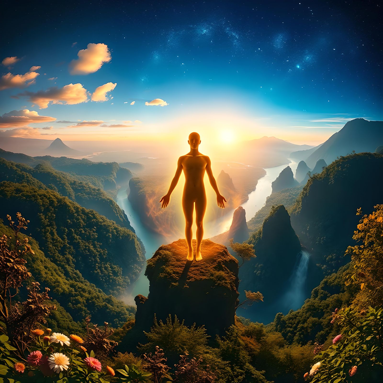 “A panoramic masterpiece with heightened sophistication, blending realism with surreal, mystical elements. The human fig...