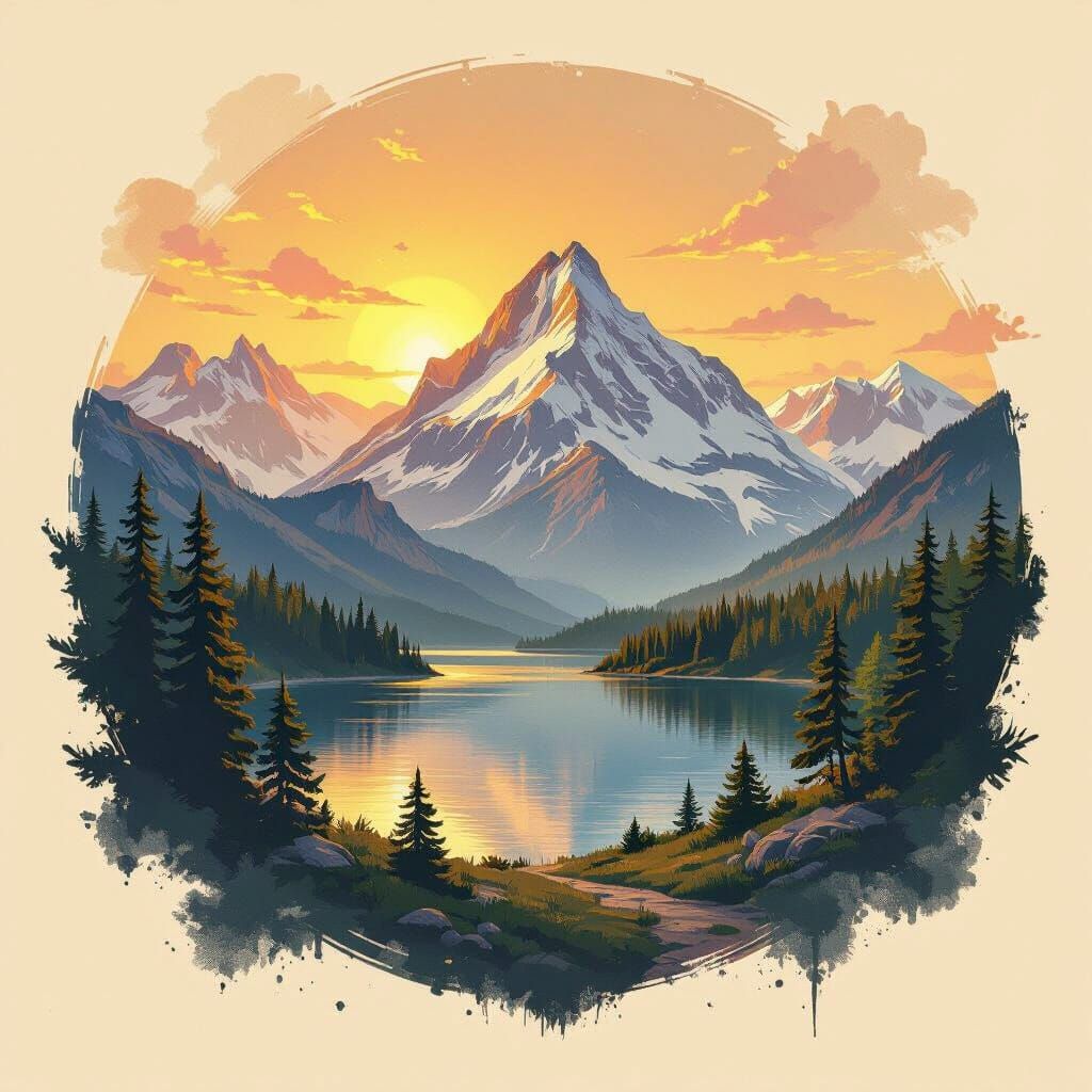 Mountain Vista with Lake in Dreamy Landscape Art