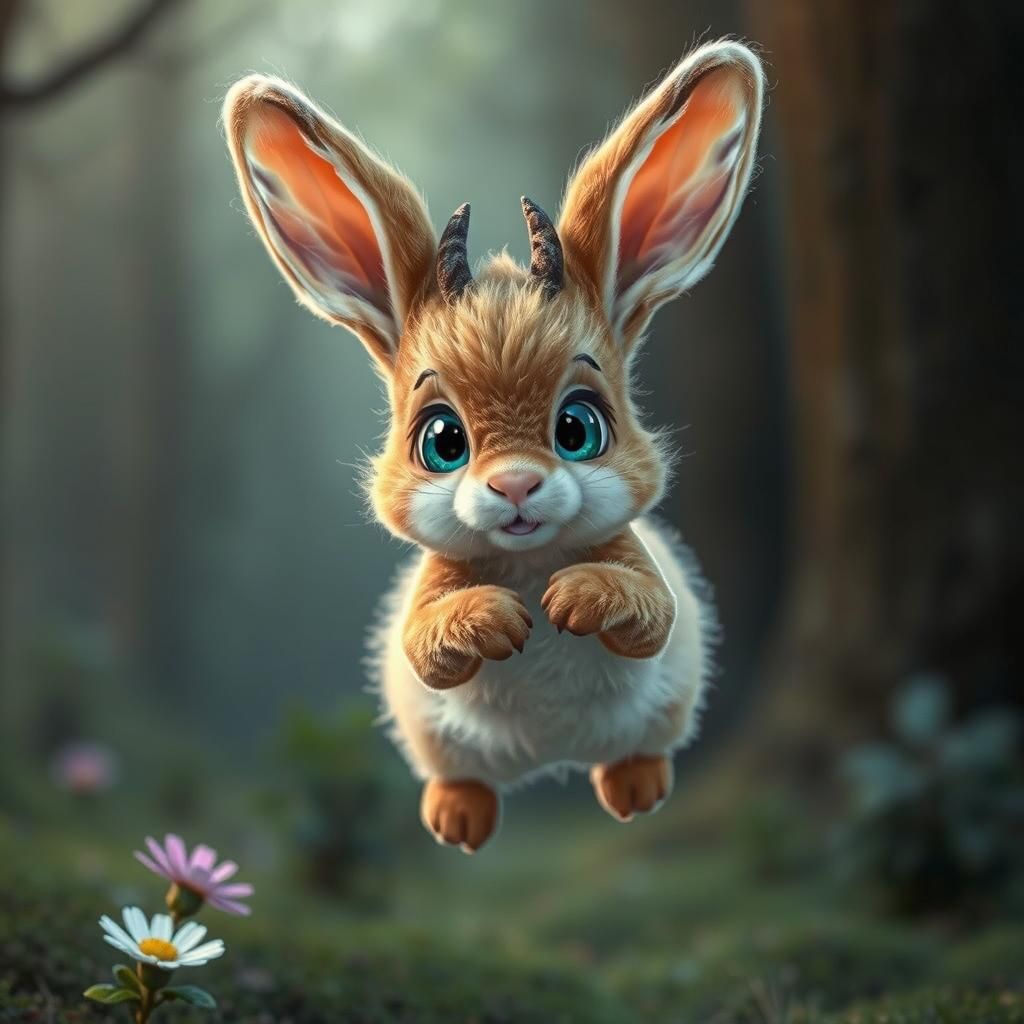Cute Baby Jackalope Leaping in Magical Forest
