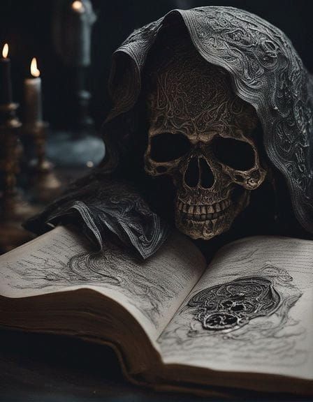 Ghost Skull Emerges from Black Book, Cinematic Digital Art