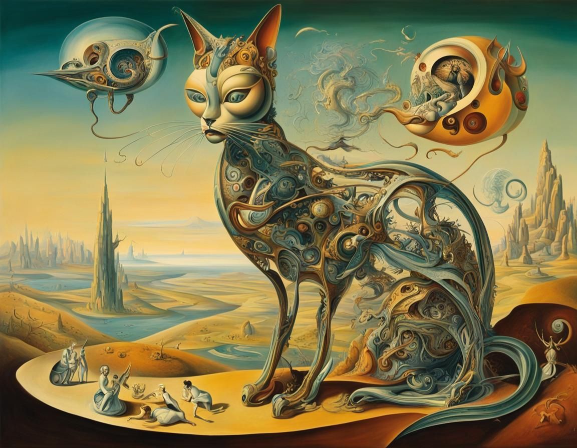 Surreal Futuristic Landscape with Woman and Mechanical Cat