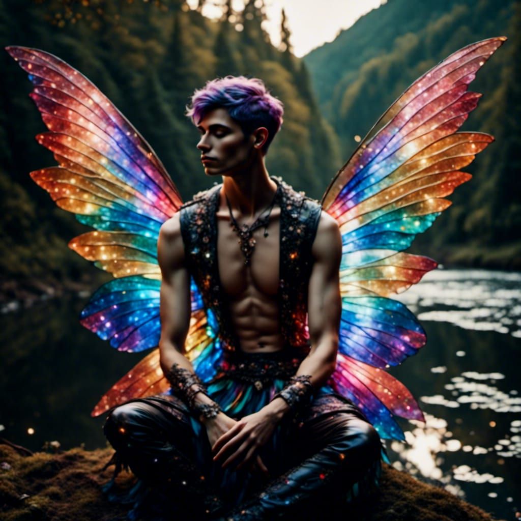 Rainbow-winged Fairy by Riverbank at Night