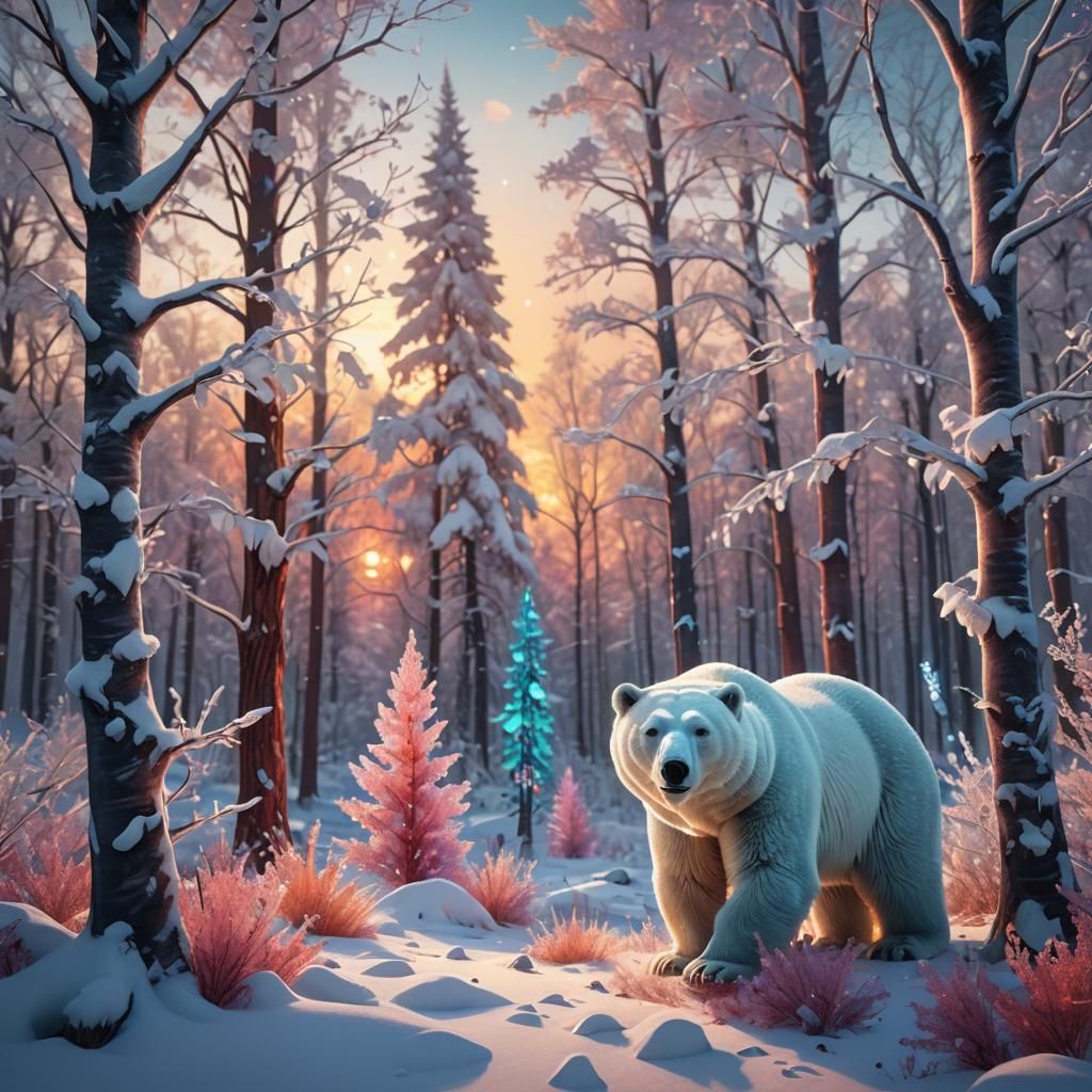 Colorful Crystal Trees and Polar Bear at Sunset