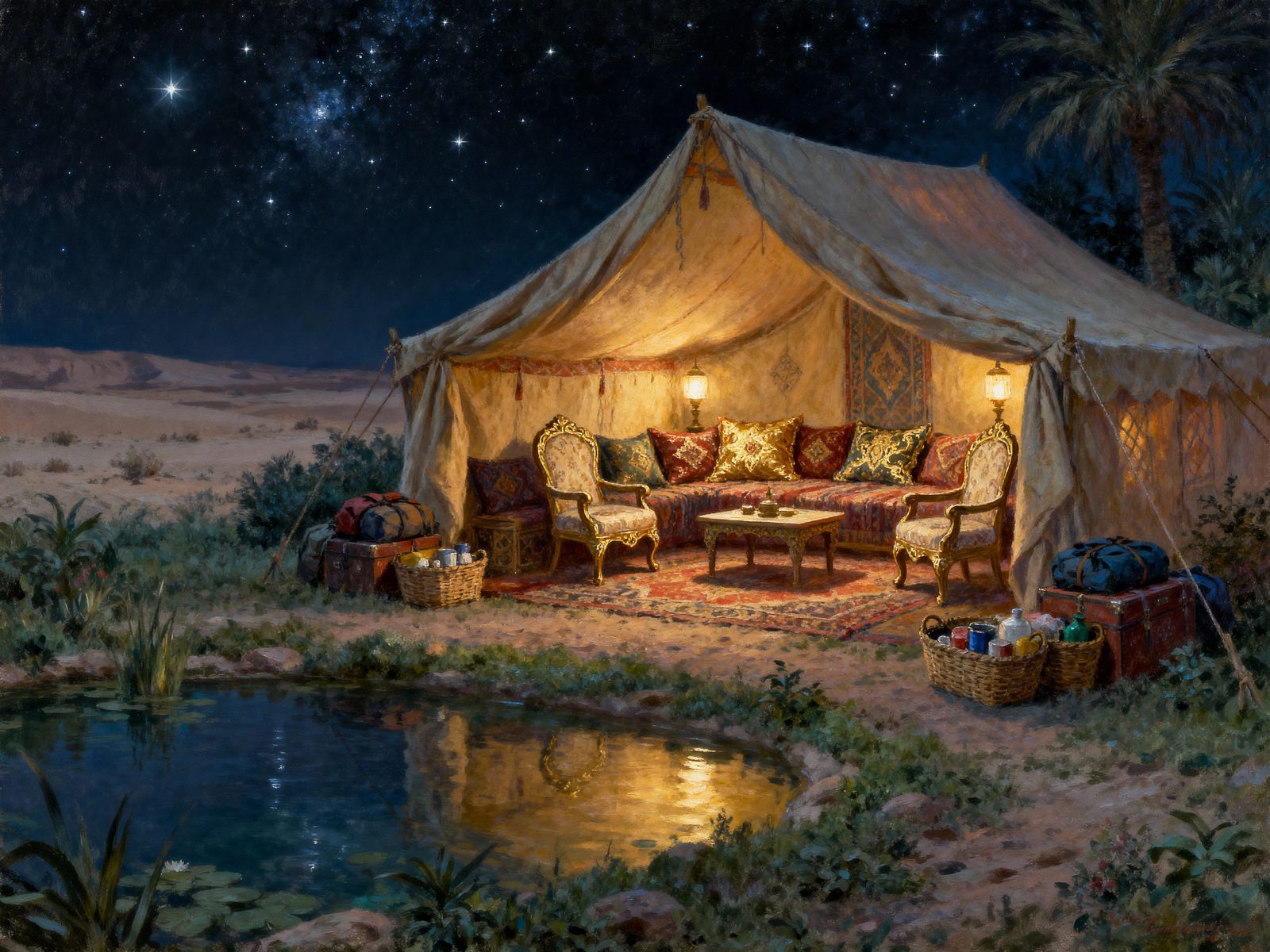 Cozy Bedouin Tent Oasis Under Starlit Desert Sky