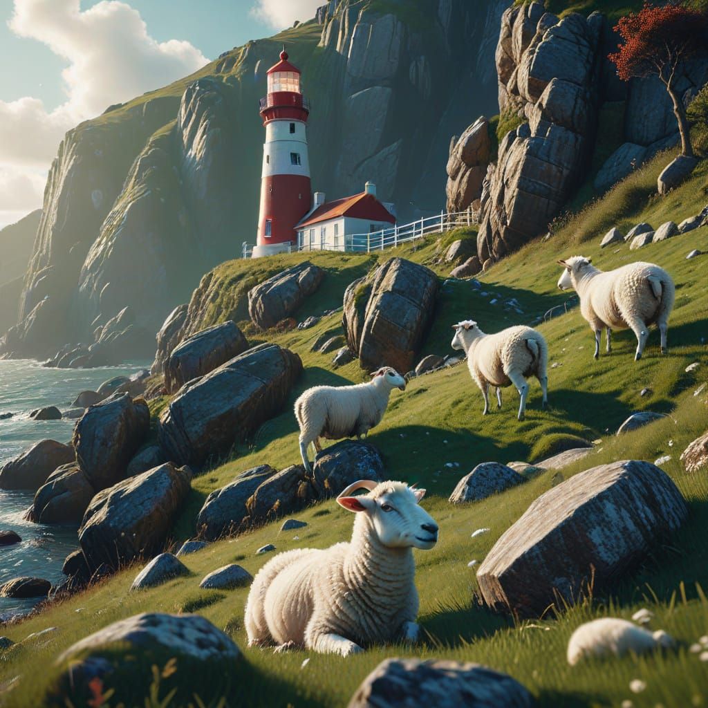 Lighthouse on Rocky Hill with Grazing Sheep