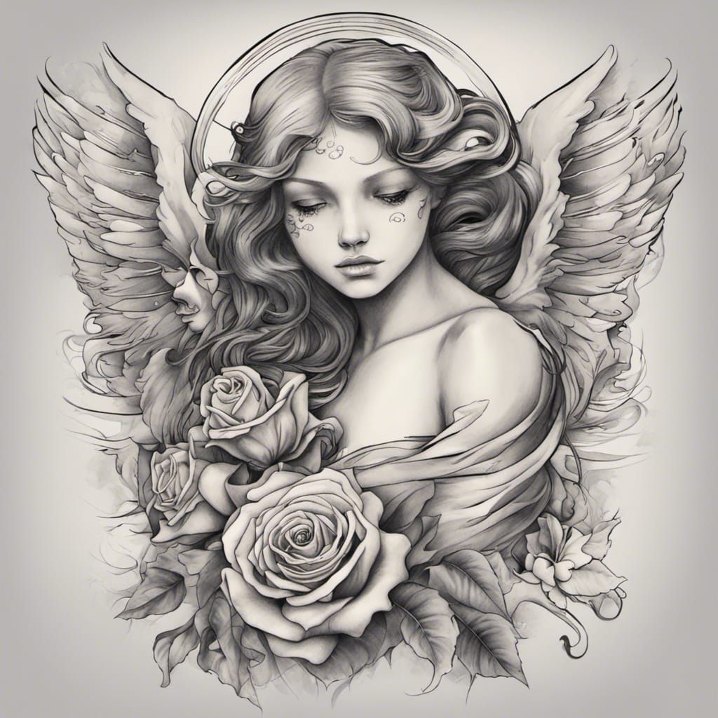 Angel and Rose Tattoo Design