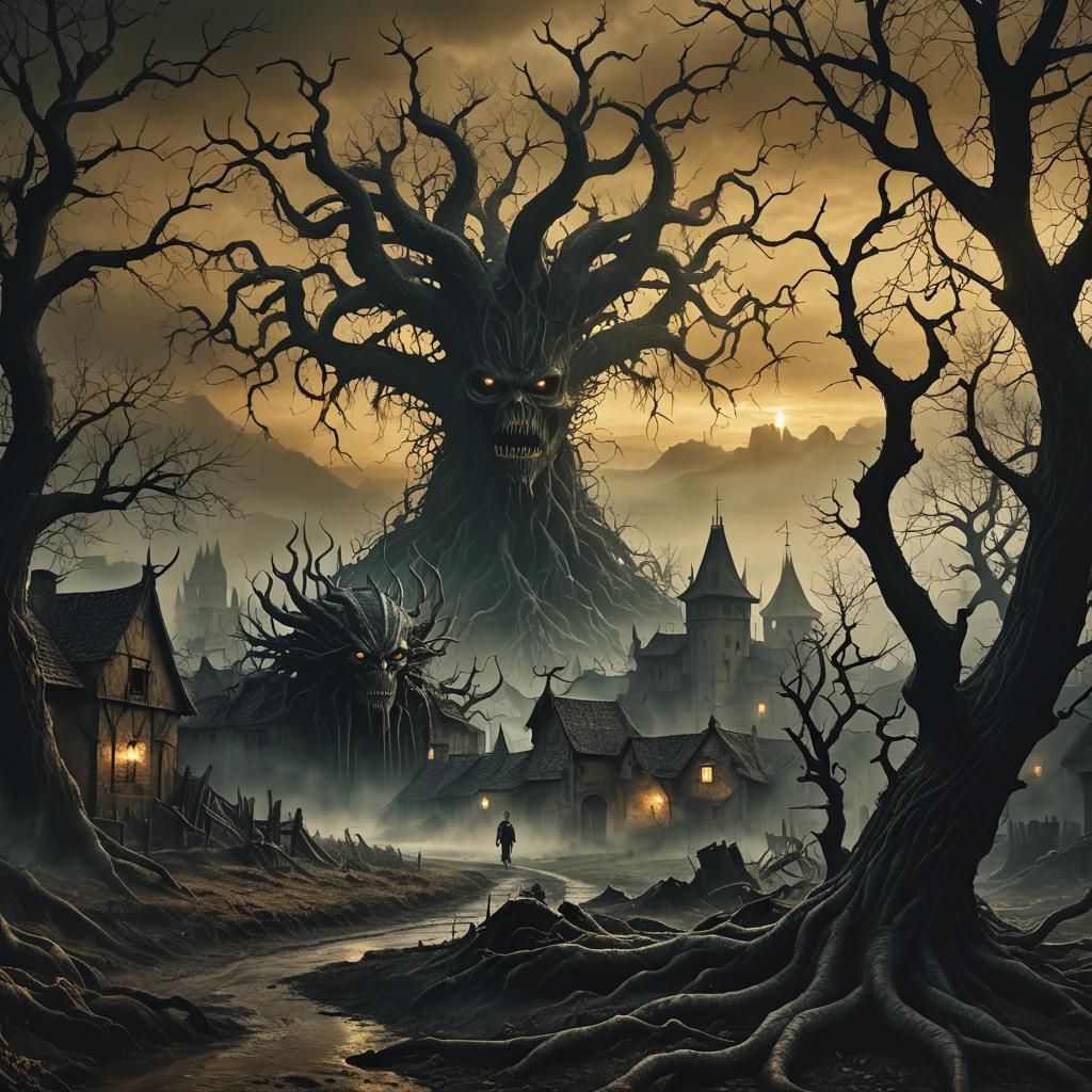 Terrifying Creature Emerges in Dark Fantasy Painting