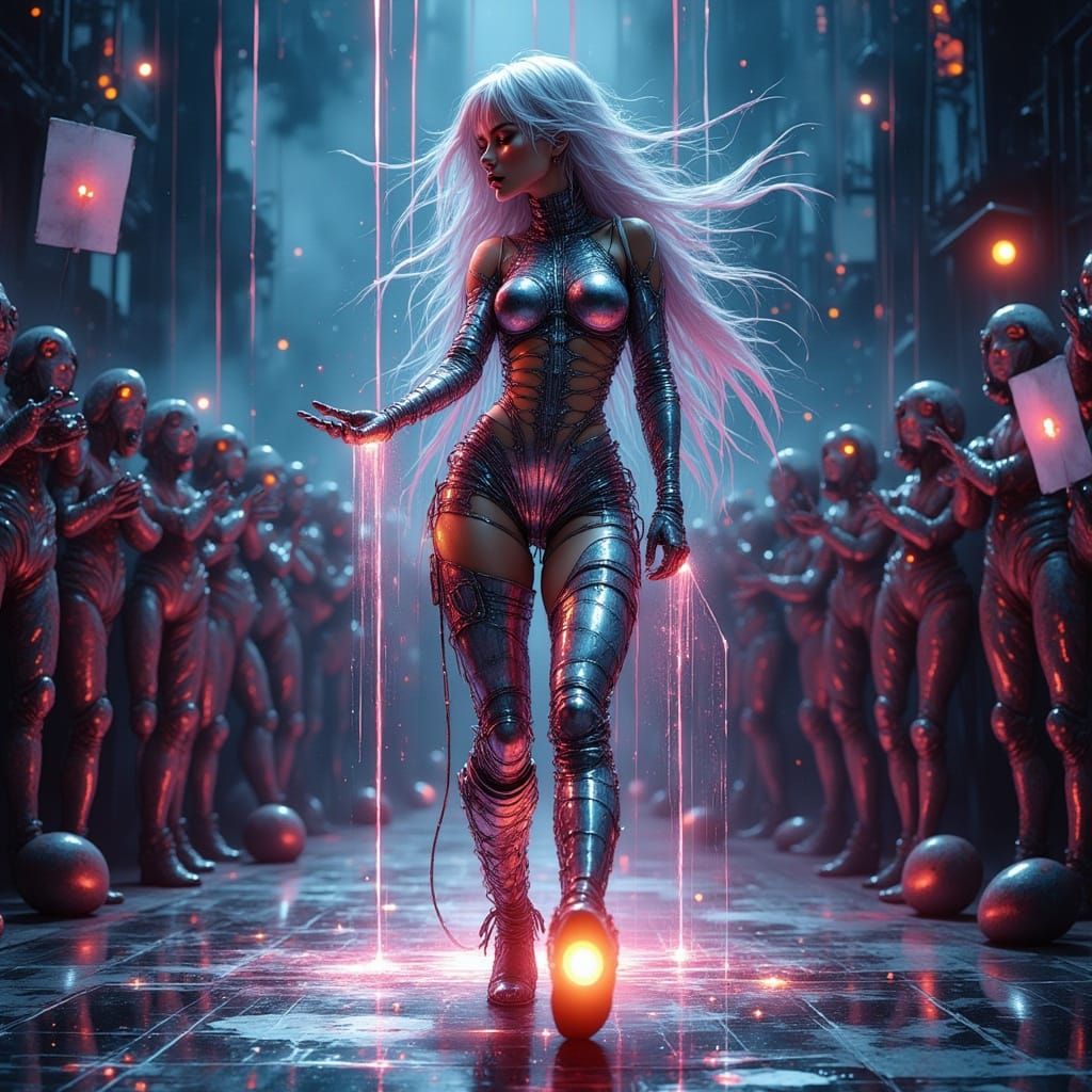 Futuristic Showgirl on Holographic Stage in Dark Fantasy Art