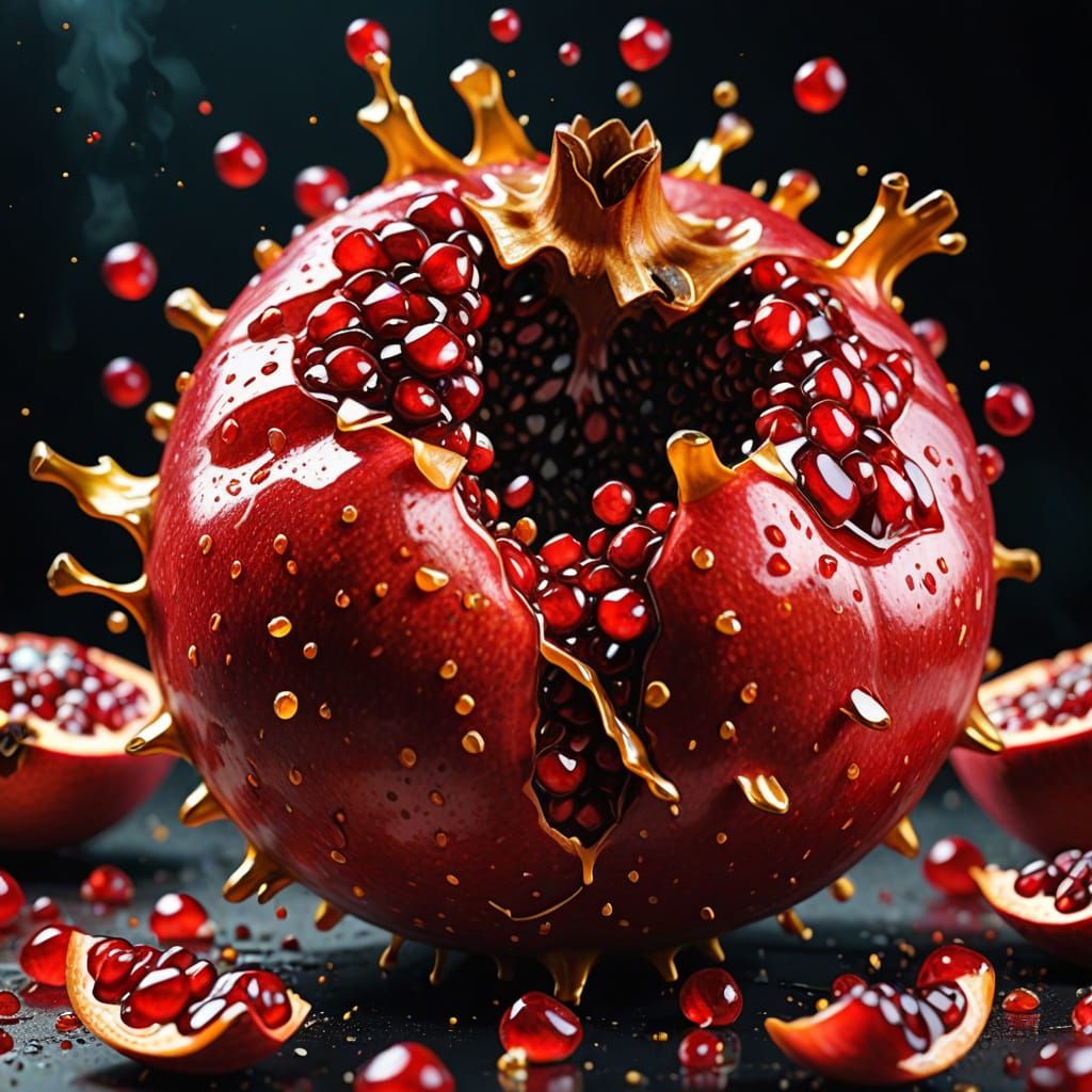 Exploding Pomegranate Macro Shot in Vibrant Cinematic Style