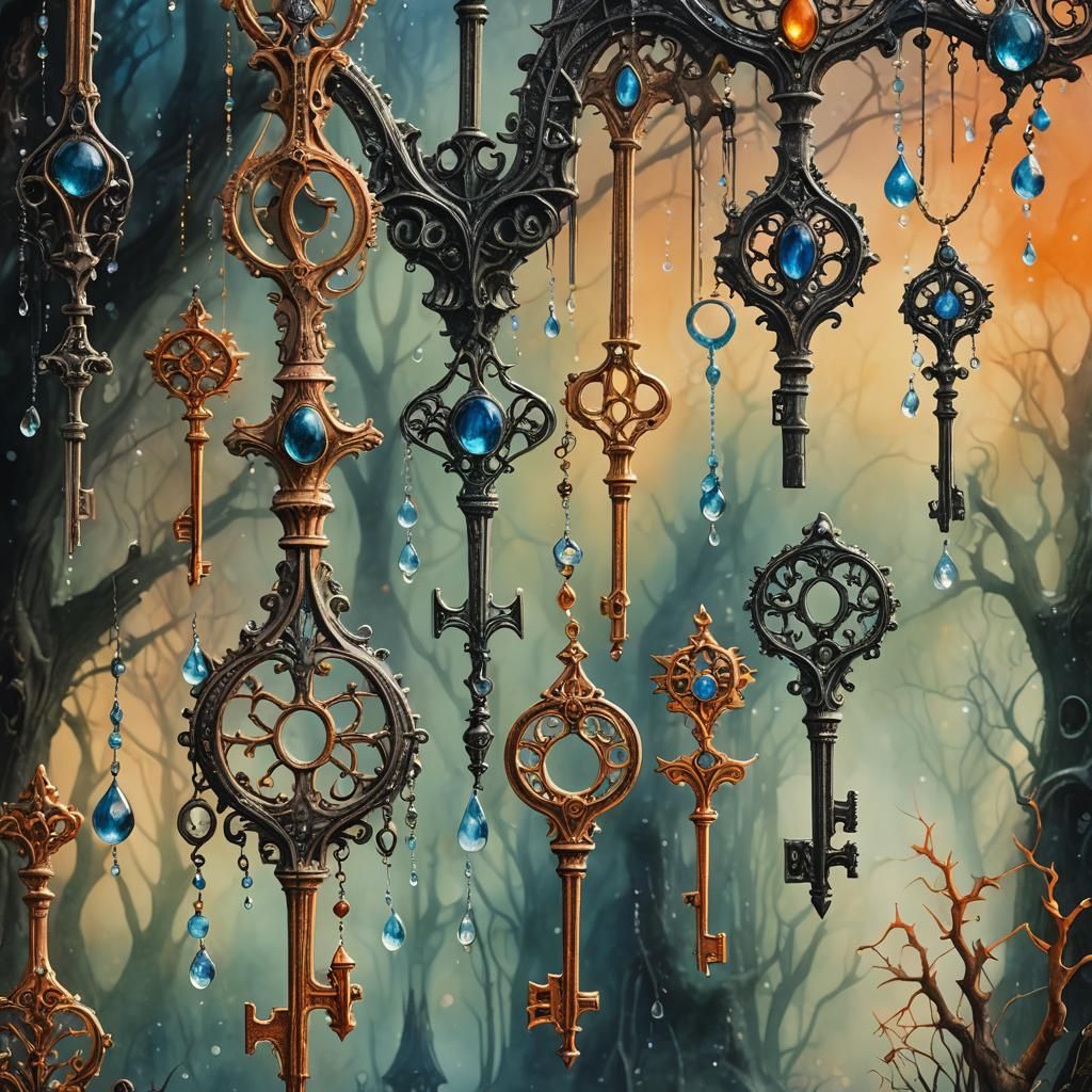 Dew Drops on Gothic Keys: Dreamlike Watercolor