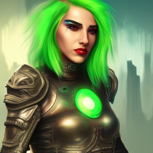 Sci-Fi Woman with Green Hair in Cyberpunk City