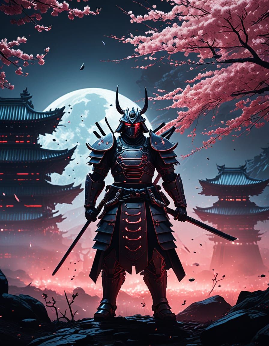 Samurai Mechs in Moonlit Battlefield