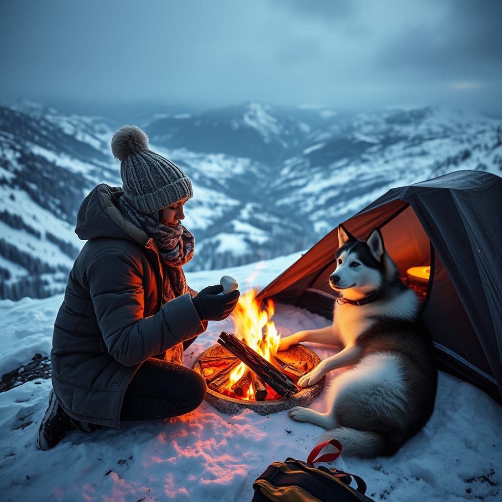 Woman Roasts Marshmallows with Husky in Snowy Valley