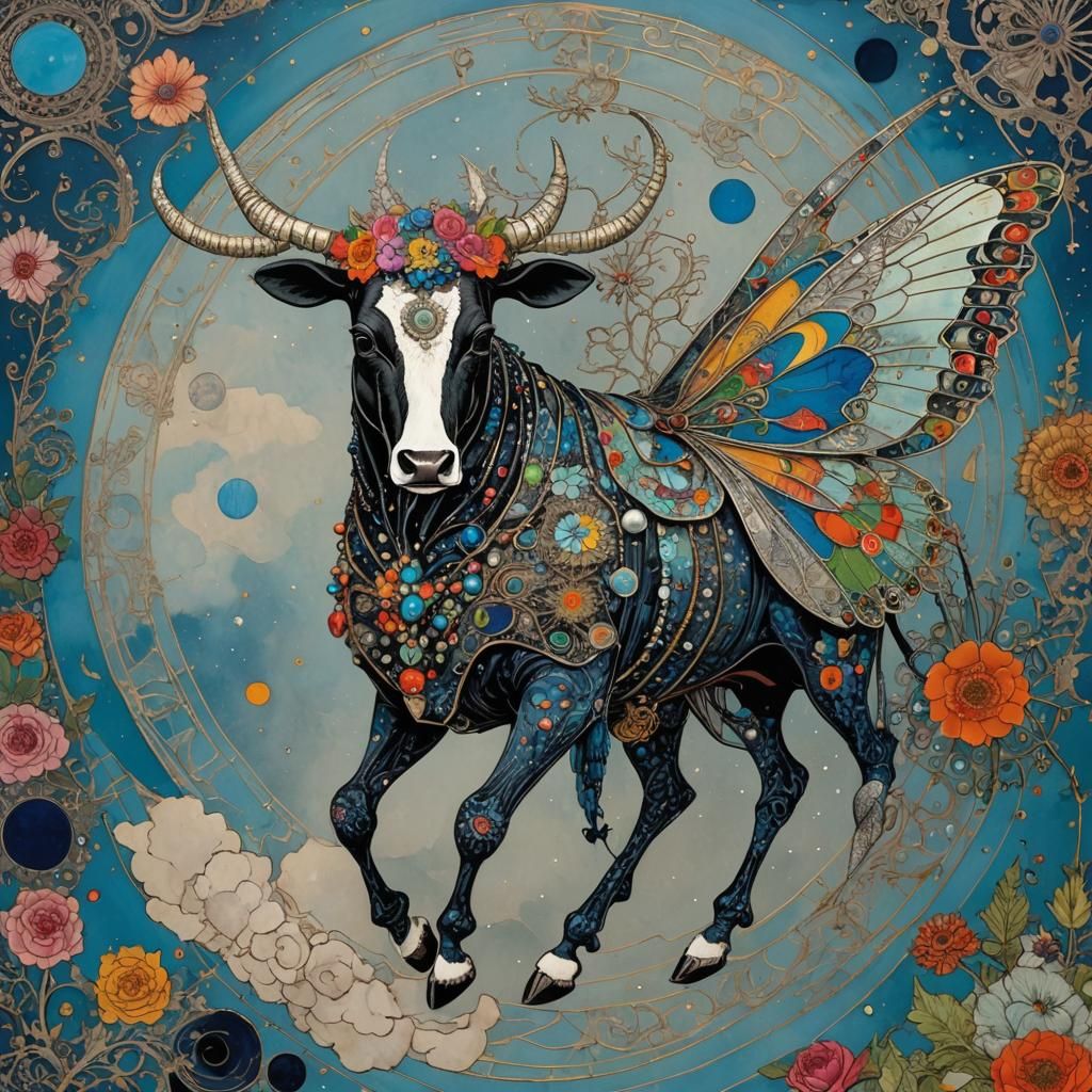 Flying Cow in Ornate Ink Filigree Style