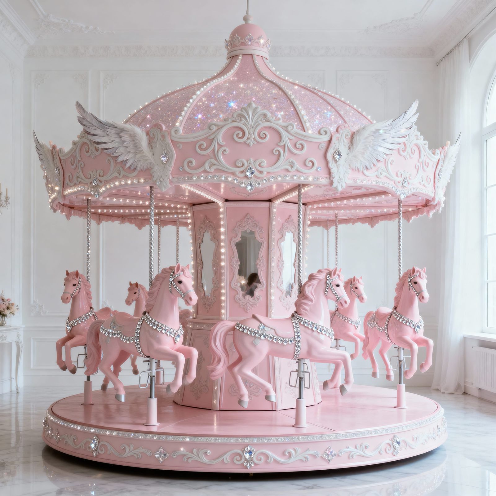 Enchanting Pink Carousel with Elegant Horses