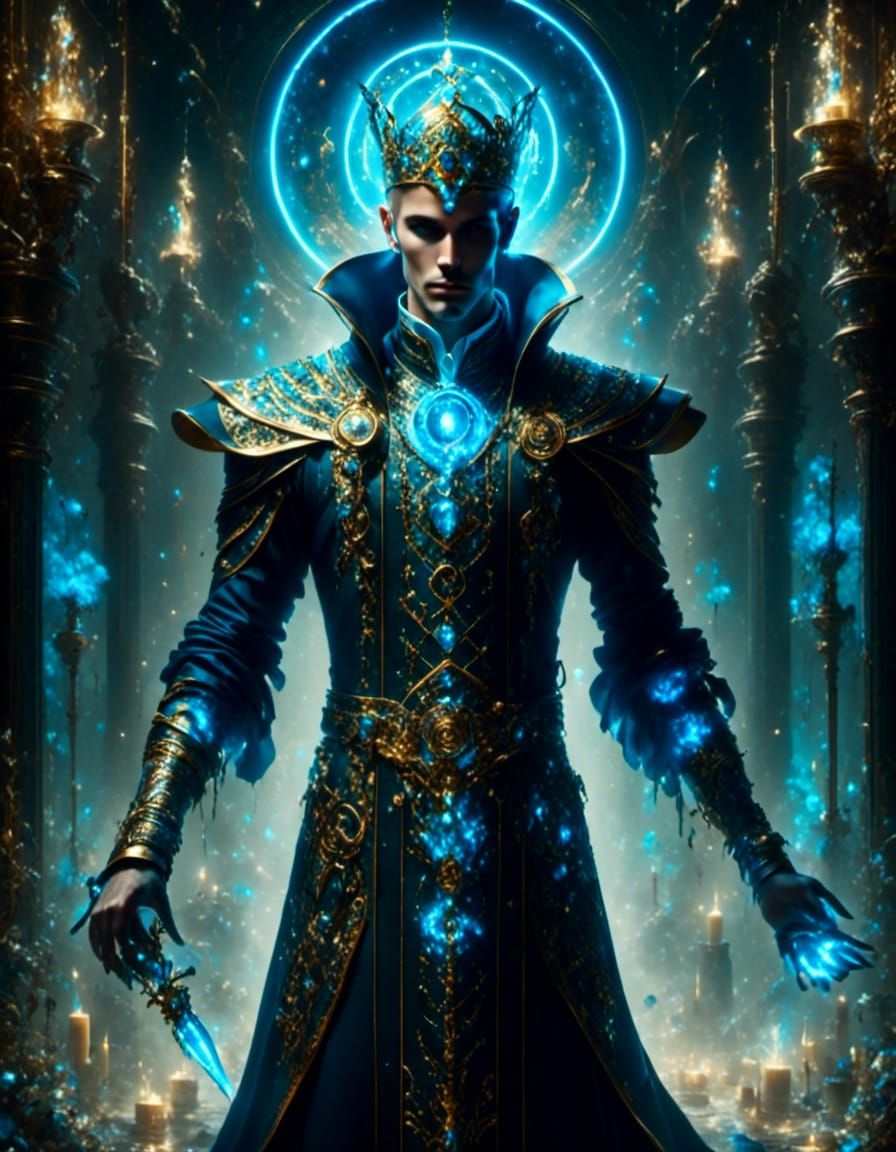 Tarot: The High Priest_Male, TRON inspired, face up, 8K resolution White, gold with blue <lora:Glowing Runes:1.0> <lora:...