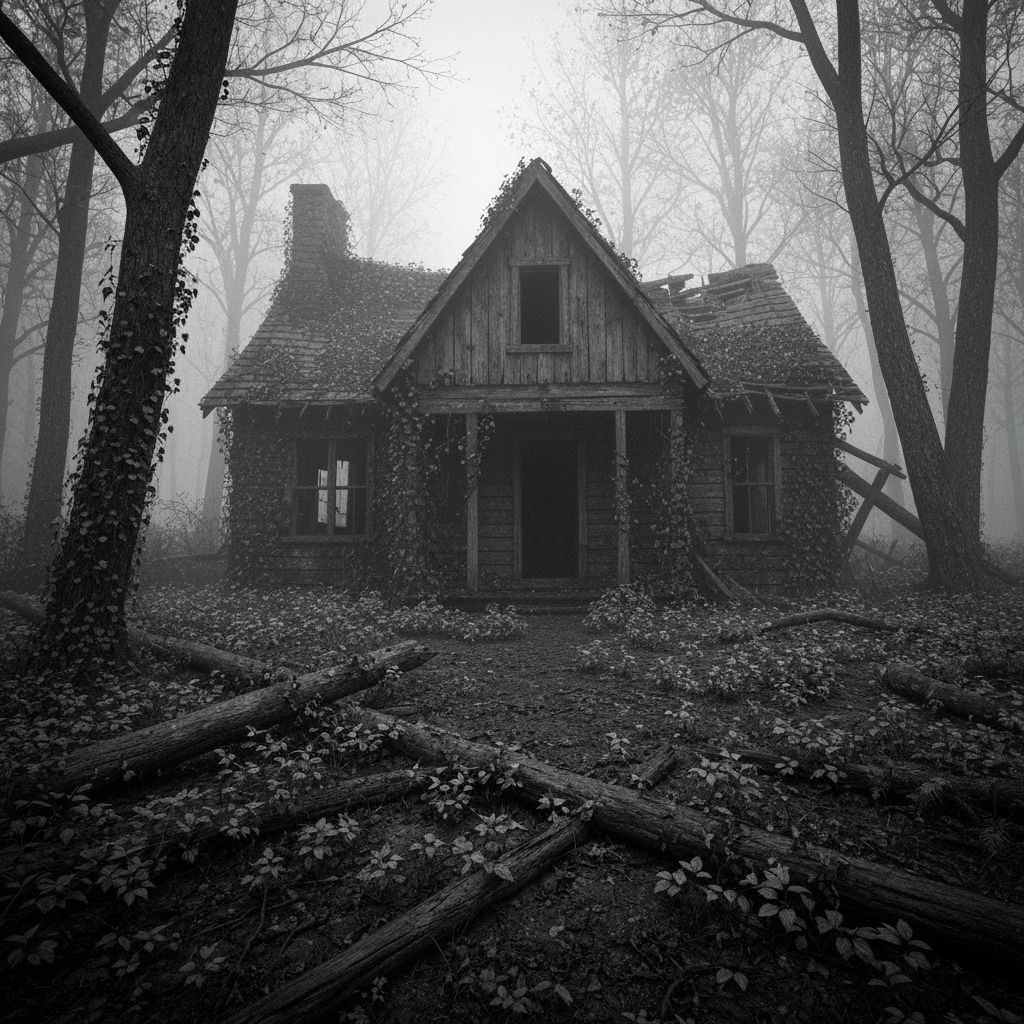 Eerie Abandoned Cottage in Misty Forest Photograph