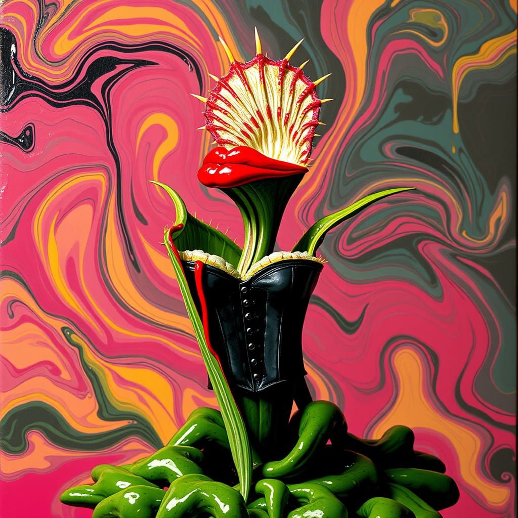 Surreal Carnivorous Plant in Swirling Hot Wax as Pop Art