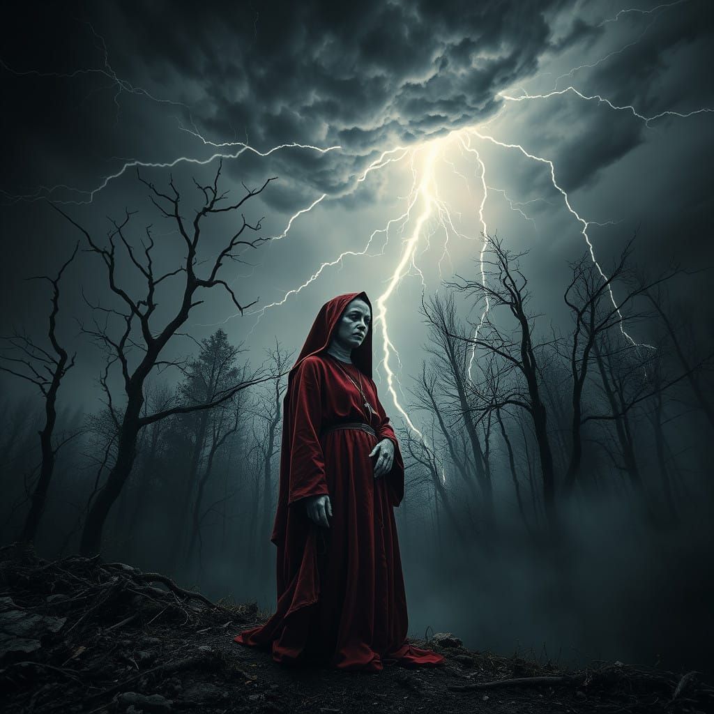 Eerie Gothic Nun in Crimson Habit, Illuminated by Thundersto...