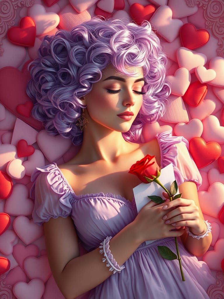 Woman in Lilac Dress Amidst Valentine Cards
