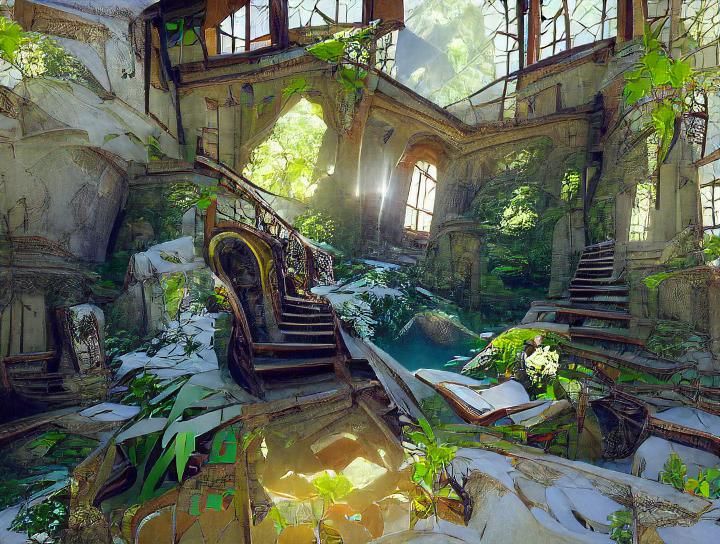 Abandoned House with Pool, in Art Nouveau Style